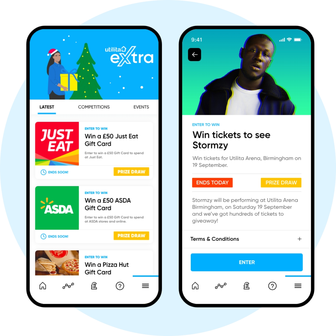Two mobile phones displaying the My Utilita App, showing the prizes customers could win in Utilita Extra's Christmas giveaway.