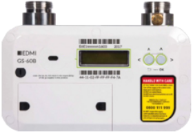 EDMI Gas Smart Meter with two barcodes, a green display, a yellow safety sticker and two buttons