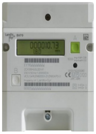 Landis & Gyr Electricity Smart Meter with a green display, two barcodes, a green ‘A’ button and a white ‘B’ button