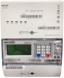 Secure 2 Electricity Smart Meter with four barcodes, a green display, a keypad, a blue ‘A’ button, and a red ‘B’ button